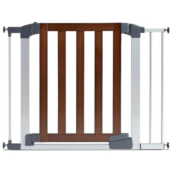 Dark Wood Silver Metal Pressure Mount Baby Gate for Stairs Hallways Doors Walk Through