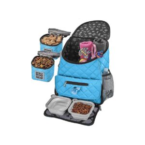 Deluxe Weekender Dog Travel Backpack with Lined Food Carriers and Bowls Light Blue