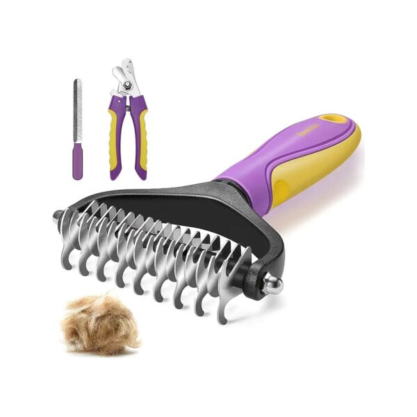 Deshedding Brush for Dogs and Cats, 2-Sided Rake and Nail Clippers Kit, Pet Grooming Tool