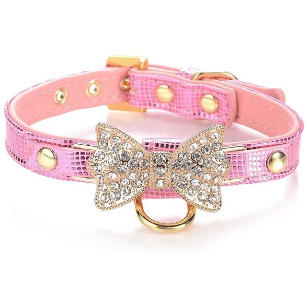 Diamond Accented Leather Collar with Metal Buckle for Small Dogs and Cats XS Pink