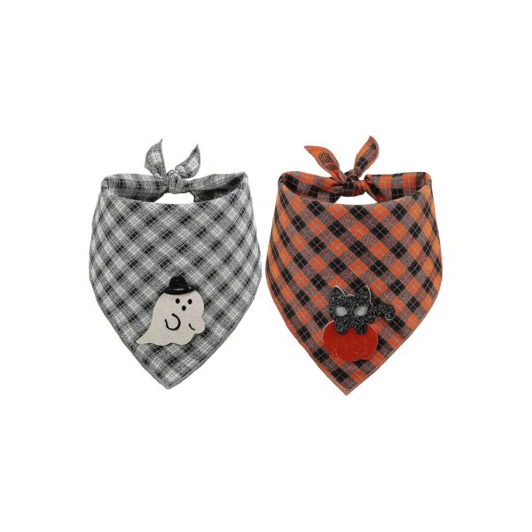 Dog Accessories for Halloween - 2-Pack Plaid Scarf with Designer Appliques, Hand Washable