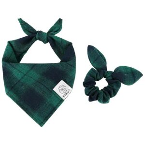 Dog Bandana and Scrunchie Gift Set for Medium Large Dogs in Green Plaid