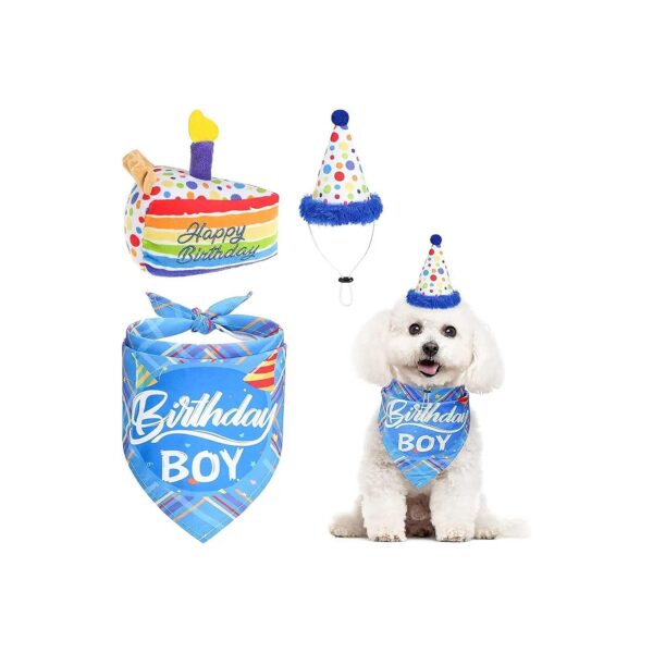 Dog Birthday Bandana Hat with Cake Plush Squeak Toy for Small to Medium Cats and Dogs