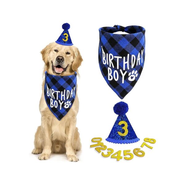 Dog Birthday Hat and Bandana with Glitter Numbers for Small Medium Large Dogs Blue Color