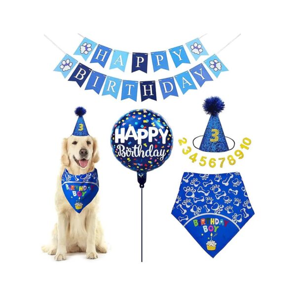 Dog Birthday Party Decorations - Blue Bandana, Hat, and Banner for Large Medium Dogs