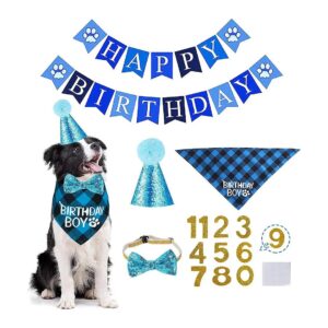 Dog Birthday Party Set Includes Bandana Scarf Hat Bowtie and Banner for Comfortable Wear