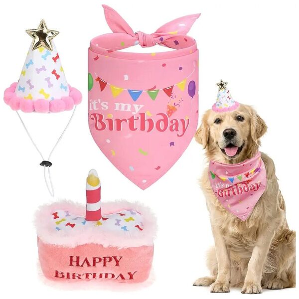 Dog Birthday Party Supplies Gift Set With Squeaky Cake Toy and Adjustable Hat and Bandana