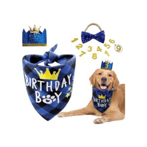 Dog Birthday Party Supplies Set with Blue Bandana and Crown for Small Medium Large Dogs