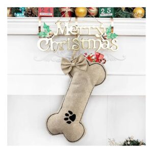 Dog Bone Christmas Stocking with Burlap Design and Sturdy Hanging Loop