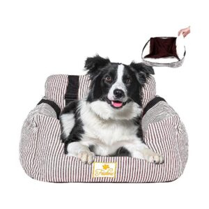 Dog Car Seat with Coffee Stripe and Adjustable Storage Pockets for Small Dogs