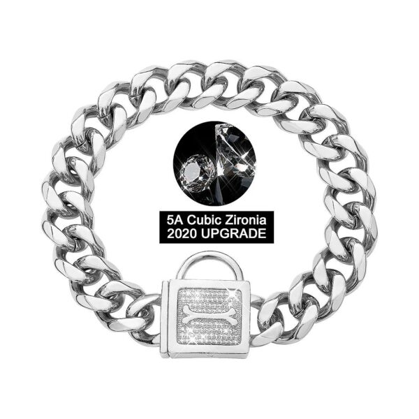 Dog Chain Leash Collar with Cubic Zirconia Lock 19mm High Polished Stainless Steel