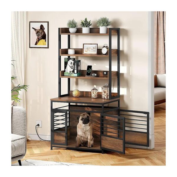 Dog Crate Furniture with Storage Shelves and Cheap Power Outlets for Convenient Pet Care