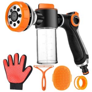 Dog Grooming Hose Attachment with Thumb Control and 5oz Soap Dispenser for Easy Cleaning