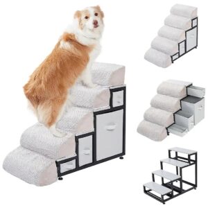 Dog Pet Stairs with 4 Storage Drawers and Adjustable Height for Small Pets