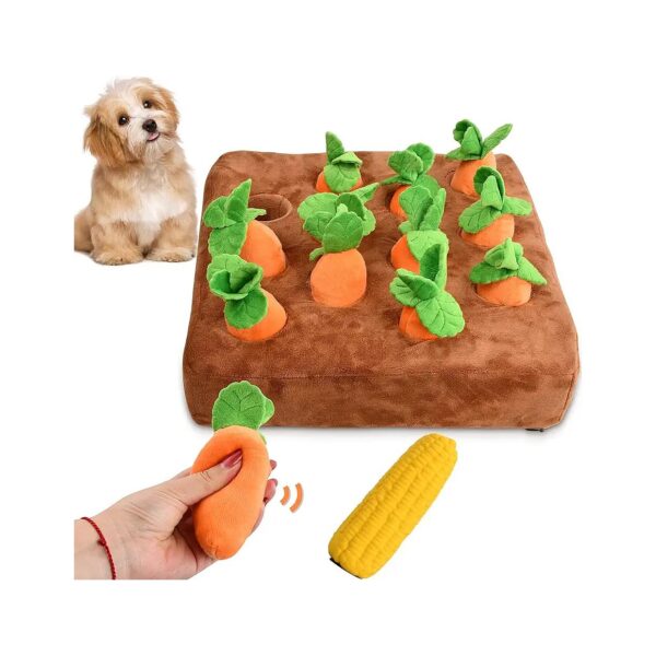 Dog Puzzle Toymat with Carrot Patch and Squeeze Squeak Latex Corn for Training and Play