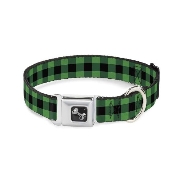 Dog Seatbelt Buckle Collar in Black and Neon Green Buffalo Plaid