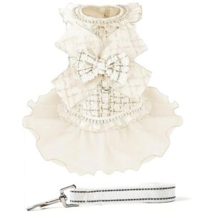 Dog Soft Dress with Pearls Accessory and Leash Hole for Small Dogs Wedding Holiday Party