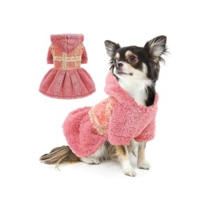 Dog Sweater Dress for Small Female Dogs with Warm Fleece and PLAID Design for Winter