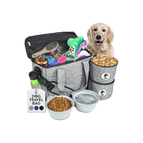 Dog Travel Essentials Kit with Grey Bag, Bowls, Food Storage, and More