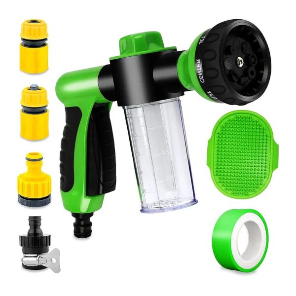 Dog Wash Hose Attachment with 8-Way Spray Pattern and Soap Dispenser Brush