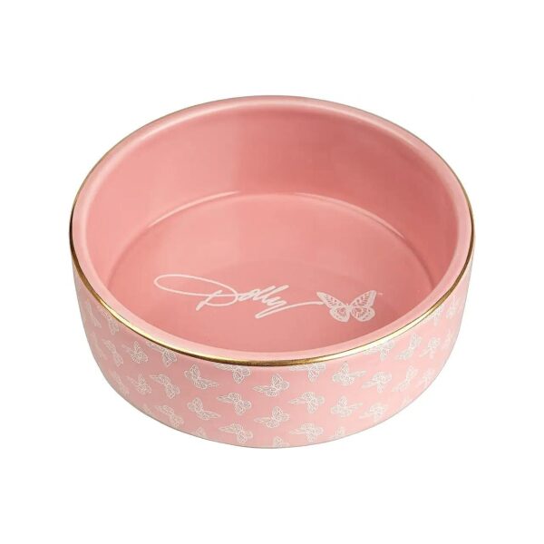 Doggy Delight Pink Butterfly Dog Bowl with Gold Trim and Glaze