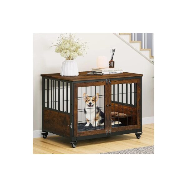 Door Dog Crate Furniture with Feeder Bowls, Wheels, and Flip Top for Convenient Livings