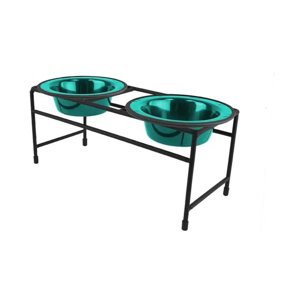 Double Bowl Feeder with 6 oz Stainless Steel Cat Bowls Teal