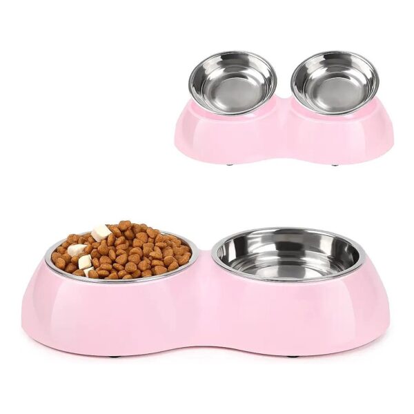 Double Dog Feeder with Two 9 fl oz Stainless Steel Bowls and Pink Base