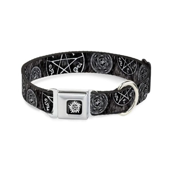 Down Supernatural Dog Collar with Unique Seatbelt Buckle and Pentagram Design