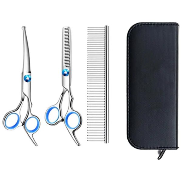 Durable 4 in 1 Dog Scissors Kit Curved Thinning Shear Pet Comb Gift Box Leather Case