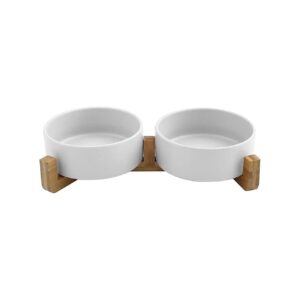 Durable Ceramic Bowls and Bamboo Stand for Pet Food and Water for Cats and Dogs 4 Cup Set