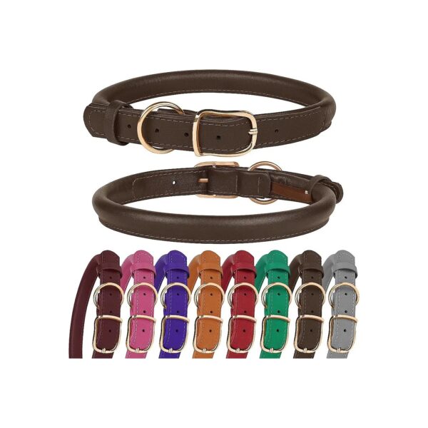 Durable Dark Brown Rolled Leather Dog Collar for Small Medium Large Dogs