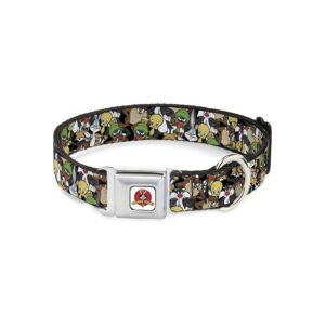 Durable Dog Collar with Looney Tunes Character Collage and Seatbelt Buckle Clasp