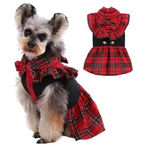 Durable Dog Dress for Small to Medium Breeds with Red Plaid Element and D-Ring Buckle