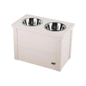 Durable ECOFLEX Dog Feeder with Stainless Steel Bowls and Sliding Lid Storage for Shelves