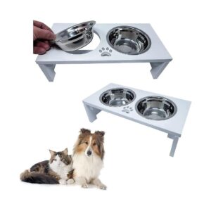 Durable Elevated Feeder Bowls for Small Pets, Stainless Steel and White