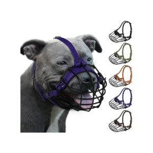 Durable Pitbull Muzzle with Adjustable Leather Straps and Breathable Metal Wire Basket