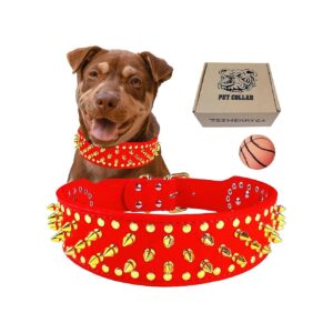 Durable Red PU Leather Gold Spiked Dog Collars with Squeak Ball for Strong Dogs 19-8