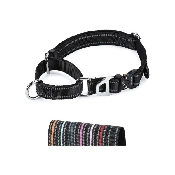 Durable Reflective Martingale Dog Collar with Soft Cushion and Nylon Webbing Black Color