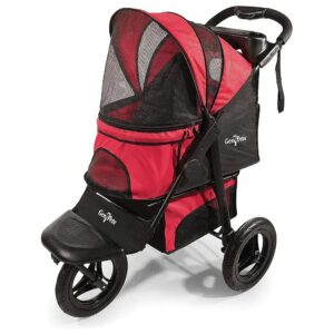 Easy-Fold Red Pet Stroller with Smart-Canopy and Safety Tethers for Pets