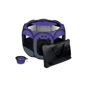 Easy-Setup Pet Playpen with Collapsible Food Bowl and Carry Case for Travel and Storage