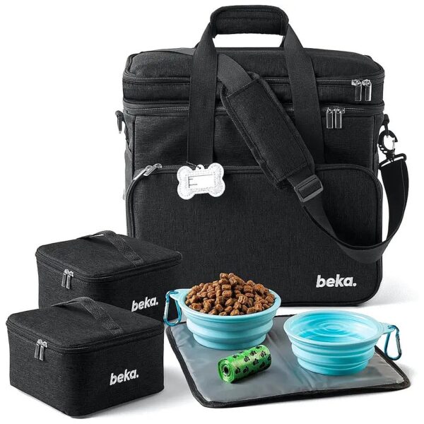 Easy to Use Dog Travel Kit with Collapsible Bowls, Food Containers, and Storage Pockets