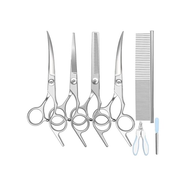 Eight-Piece 4CR Stainless Steel Dog Grooming Scissors with Pet Comb and Nail Clipper