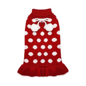 Elegant Christmas Themed Dog Sweater Dress with Leash Hole Polka Dot Pattern for Big Dogs