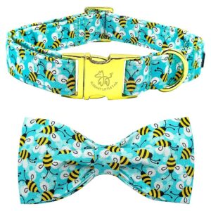 Elegant Dog Collar with Blue Bees Design and Bow Tie for Small Medium Large Dogs