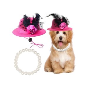 Elegant Pet Accessories Set with Pet Pearl Collar and Fascinator Hat for Party