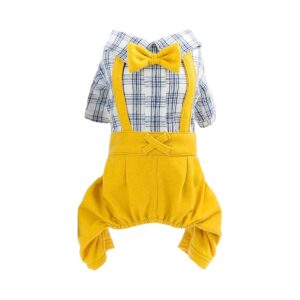 Elegant White Plaid Blue Striped Dog Overall with Yellow Bowtie for Pet Accessories