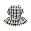 Elegant Winter Dog Wear Black White Plaid Doggy Dress with Golden Silk Accents XS