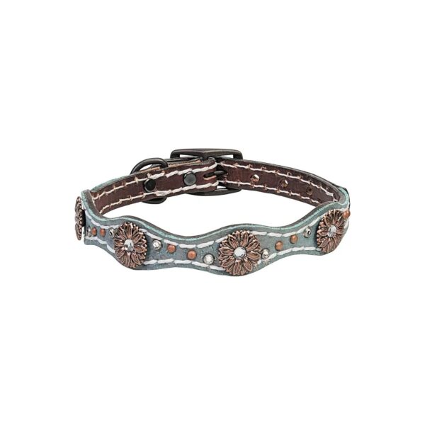 English Leather Dog Collar with Floral Pattern in Brown and Metallic Turquoise