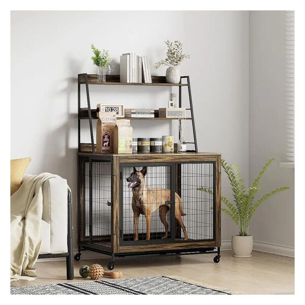 Extra Large Metal Frame Dog Crate with Wheels and Storage for Large Breed Dogs